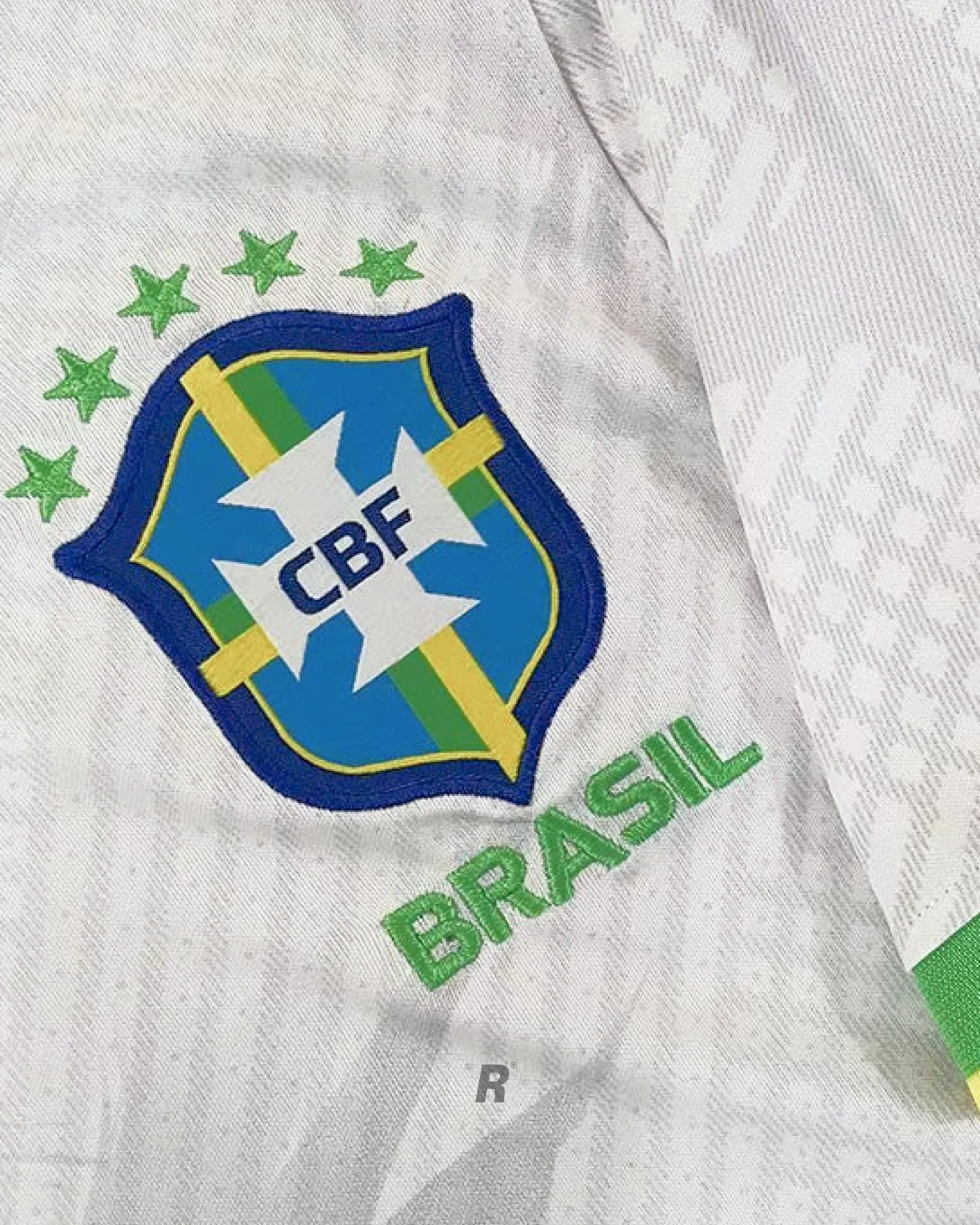Close-up of the Brazil Birds Concept Jersey, showing yellow bird accents, premium embroidery, and authentic craftsmanship, perfect for collectors.
