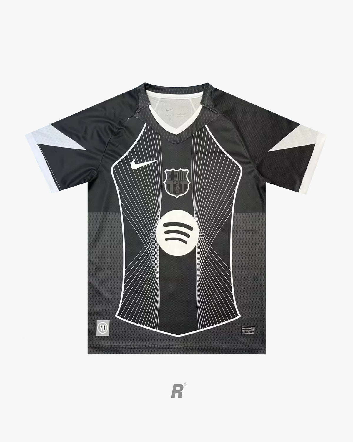 Close-up of the Barcelona Black Special Edition Jersey, highlighting premium embroidery, club crest, and sleek black design, perfect for collectors.