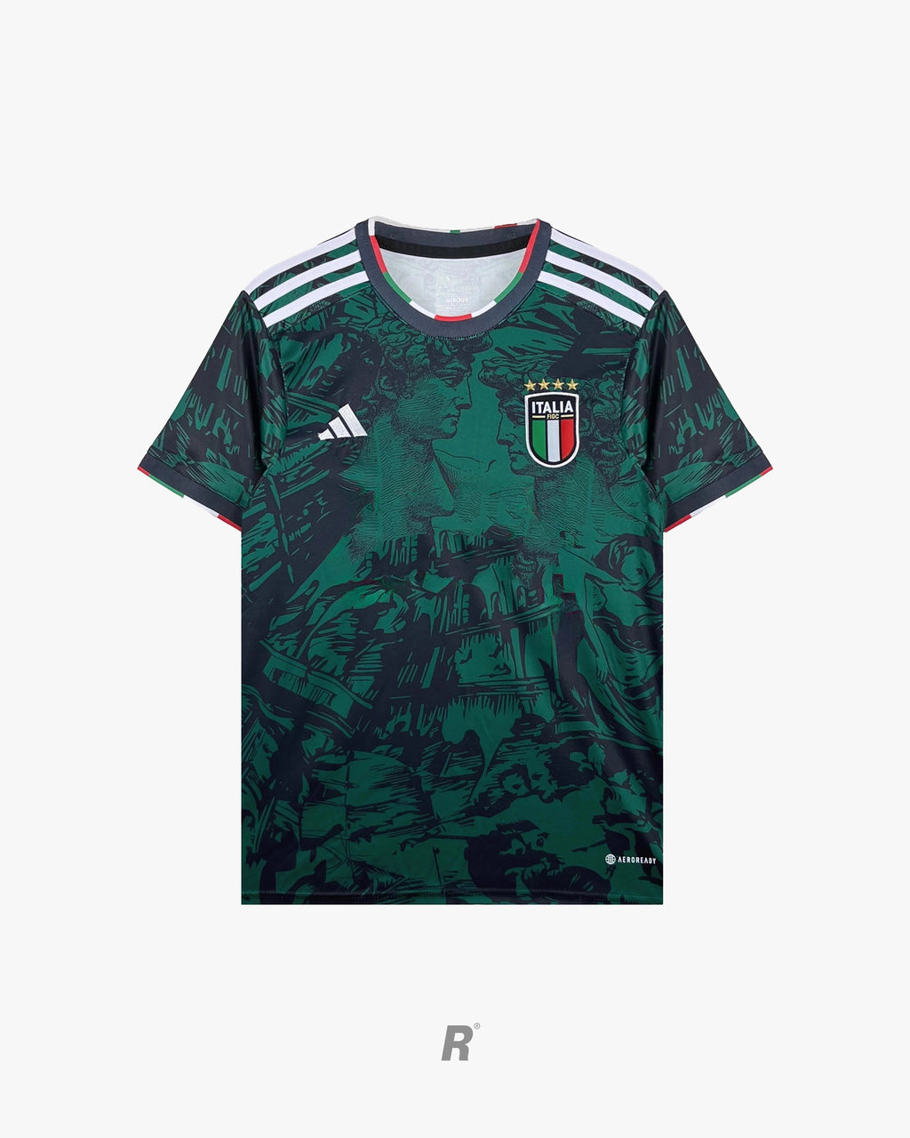 Show the bold front design of the Italy Green Mythology Jersey. Premium quality, stylish, and perfect for collectors and fans.