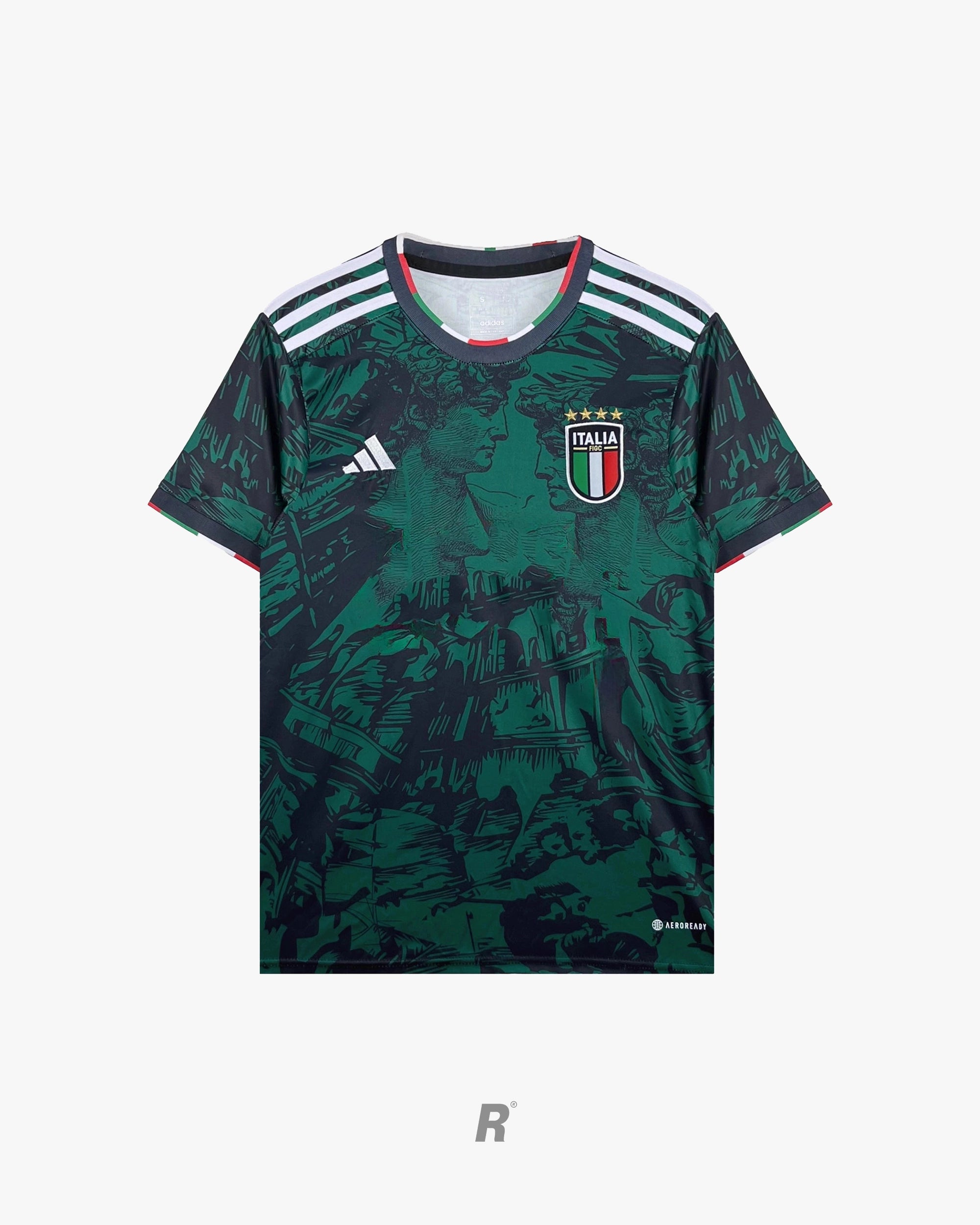 Show the bold front design of the Italy Green Mythology Jersey. Premium quality, stylish, and perfect for collectors and fans.