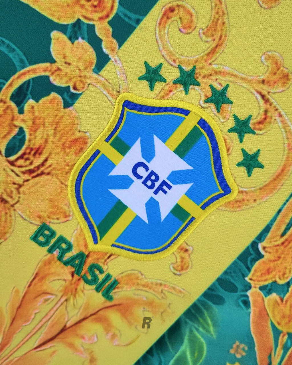Brazil Flowers Jersey detail featuring the CBF logo with vibrant floral design.