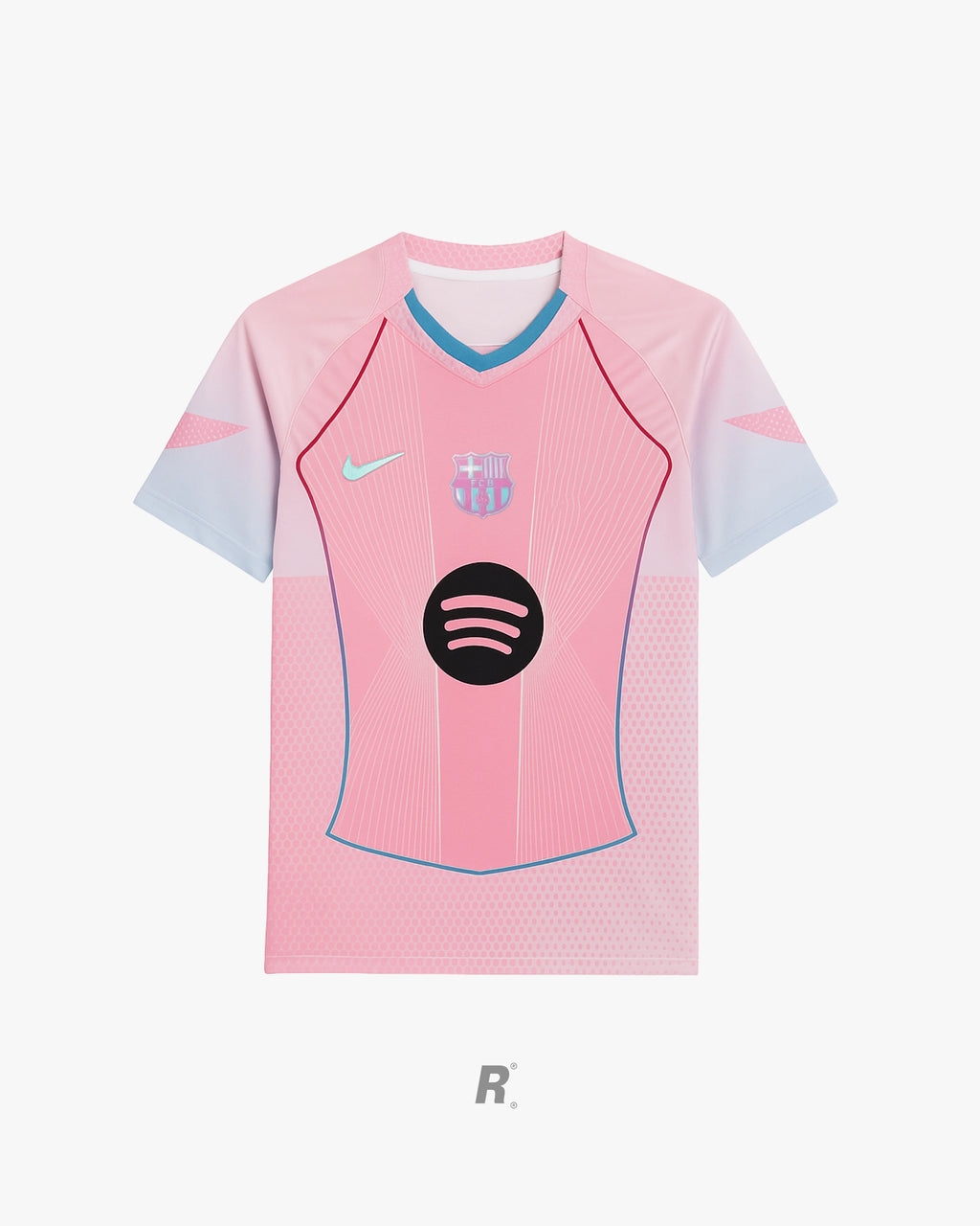 Front view of the Barcelona Pink Special Edition Jersey. Pink design celebrating Catalonia, perfect for Messi fans and collectors.