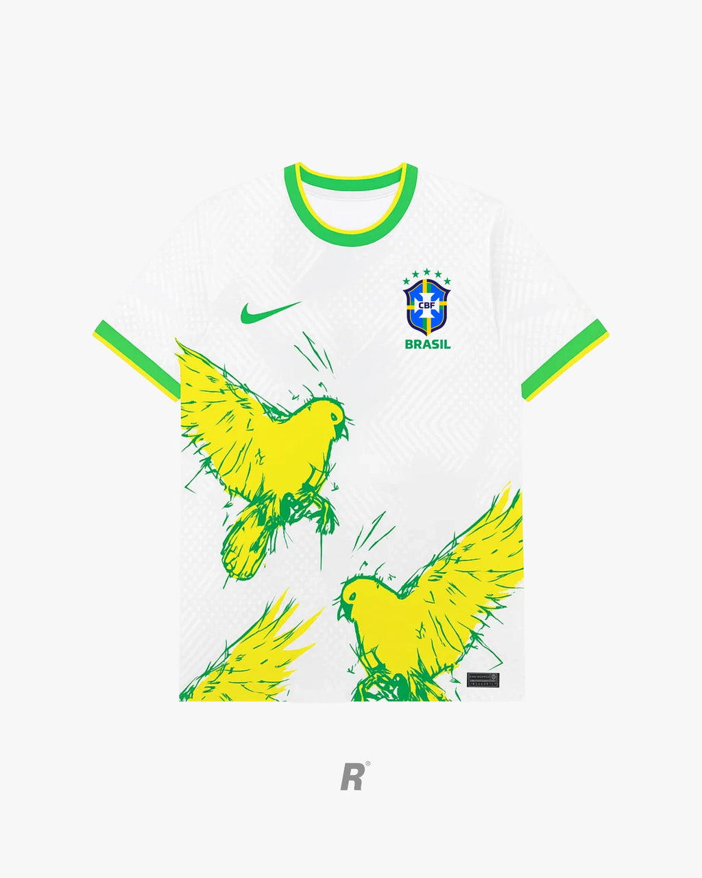 Styled view of the Brazil Birds Concept Jersey, highlighting the white base, yellow bird accents, and overall premium, collector-ready design.