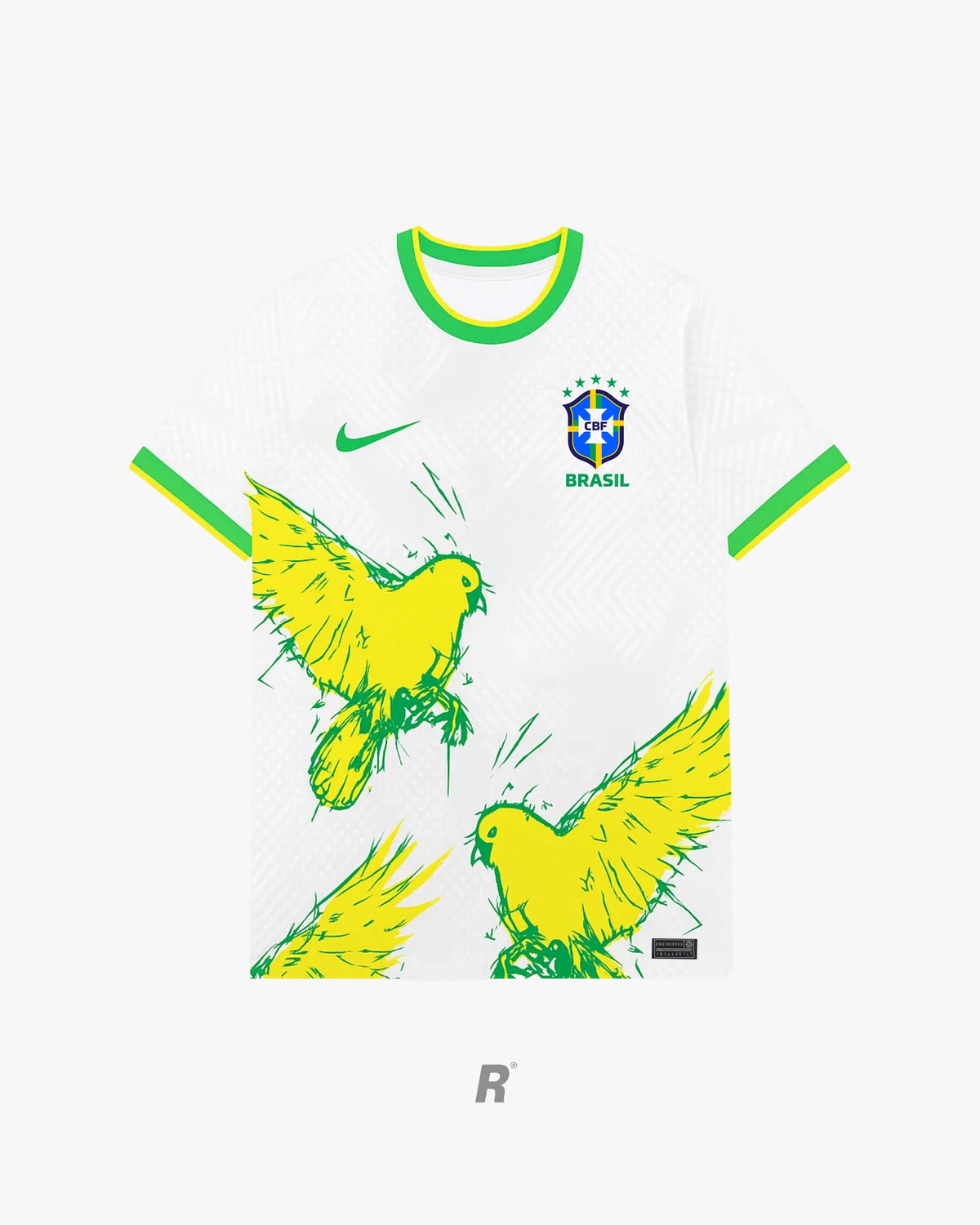 Styled view of the Brazil Birds Concept Jersey, highlighting the white base, yellow bird accents, and overall premium, collector-ready design.