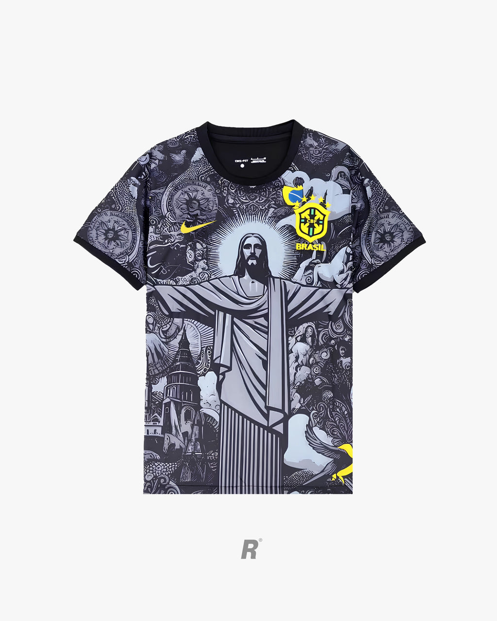 Experience the divine design of the Brazil Jesus Jersey, where faith meets football in a golden symbol of passion and victory.